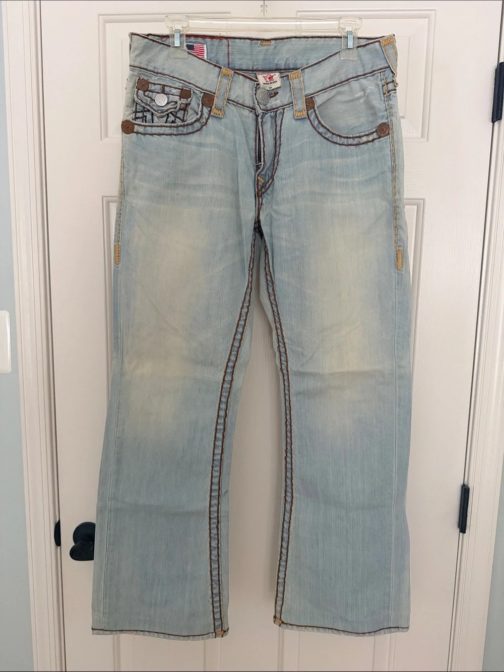 True Religion Light Blue Bootcut Jeans with Brown Trim